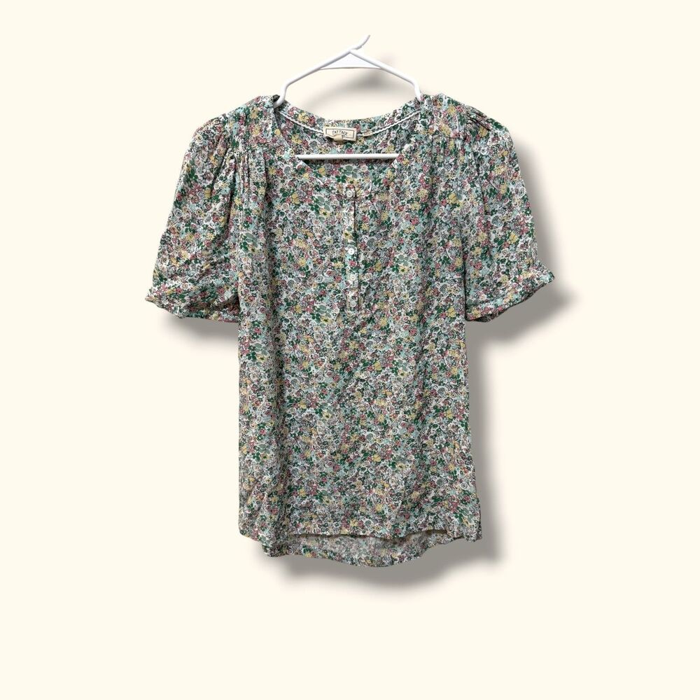 FatFace Blouse Womens S Floral Short Sleeve Viscose Scoop Neck White Flaw